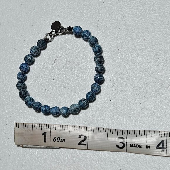 Handcrafted Blue Paper Bead Stretch Bracelet Metal Charm Eco Friendly Jewelry - Picture 5 of 5